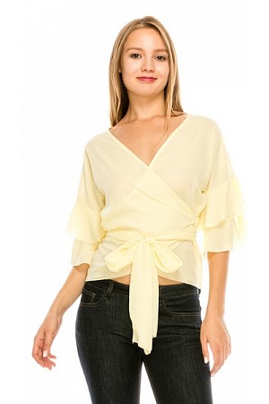 TIE FRONT RUFFLE SLV TOP